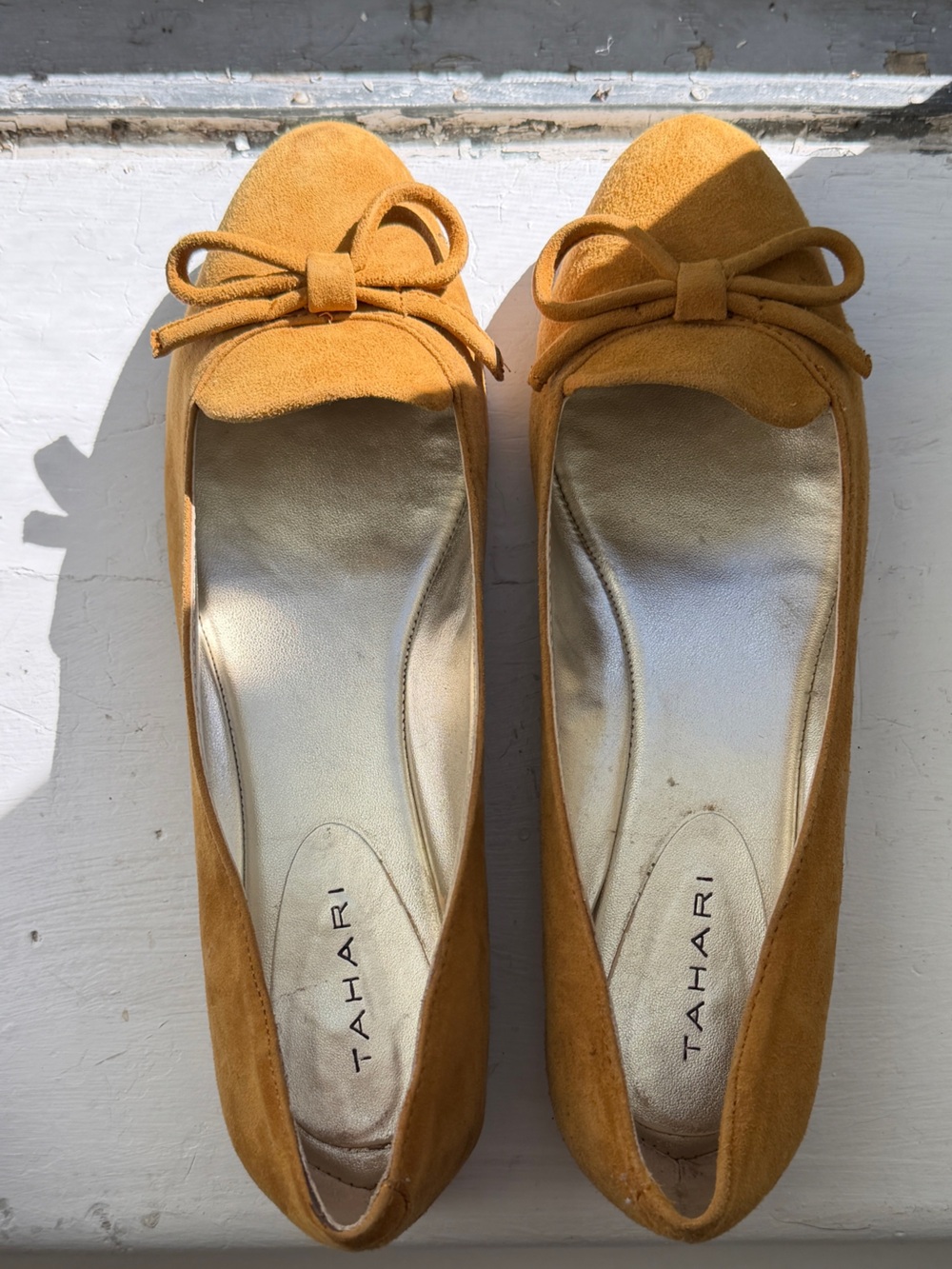 Tahari Mustard Suede Bow Ballet Flats